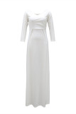 White Fashion Sexy Solid Backless Slit V Neck Long Sleeve Evening Dress