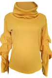 Yellow Casual Street Solid Patchwork Flounce Asymmetrical Turtleneck Tops