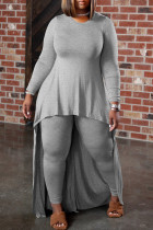 Grey Fashion Casual Solid Asymmetrical O Neck Plus Size Two Pieces