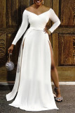 White Fashion Sexy Solid Backless Slit V Neck Long Sleeve Evening Dress
