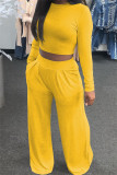 Yellow Fashion Casual Solid Basic O Neck Long Sleeve Two Pieces