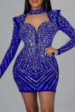 Red Fashion Sexy Hot Drilling Hollowed Out Turtleneck Long Sleeve Dresses