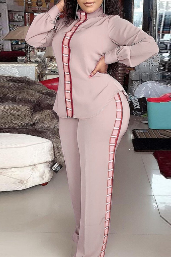 Pink Fashion Casual Patchwork Basic Turtleneck Long Sleeve Two Pieces