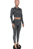Pink Sexy Striped Print Patchwork Zipper Turndown Collar Long Sleeve Two Pieces