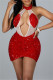 Red Sexy Patchwork Sequins See-through Backless Halter Sleeveless Dress Dresses