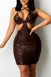 Coffee Sexy Solid Hollowed Out Backless Halter Sleeveless Dress