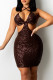 Coffee Sexy Solid Hollowed Out Backless Halter Sleeveless Dress