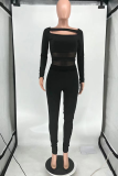 Grey Sexy Solid Mesh Square Collar Long Sleeve Two Pieces