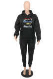 Black Fashion Casual Letter Print Basic Hooded Collar Tops