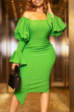 Green Fashion Sexy Solid Backless Asymmetrical Off the Shoulder Long Sleeve Dresses
