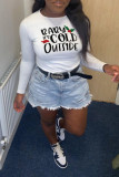 White Casual Street Print Patchwork Letter O Neck Tops