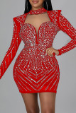Red Fashion Sexy Hot Drilling Hollowed Out Turtleneck Long Sleeve Dresses