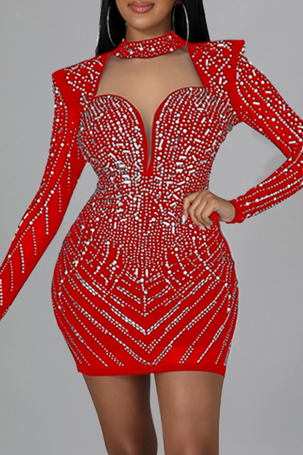 Red Fashion Sexy Hot Drilling Hollowed Out Turtleneck Long Sleeve Dresses