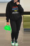 Black Fashion Casual Letter Print Basic Hooded Collar Tops