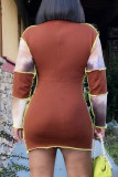 Brown Casual Print Patchwork O Neck Pencil Skirt Dresses