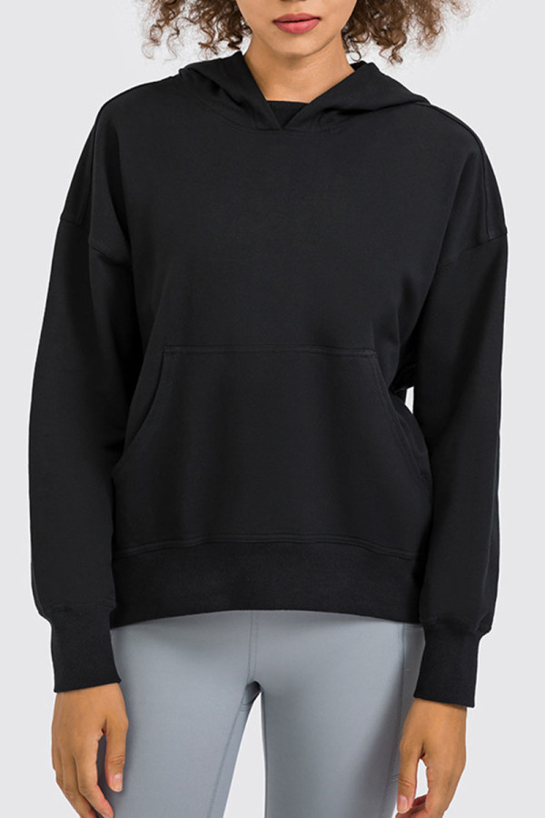 Black Casual Solid Patchwork Pocket Hooded Collar Tops