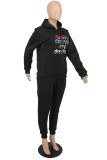 Black Fashion Casual Letter Print Basic Hooded Collar Tops