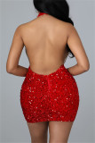 Yellow Sexy Patchwork Sequins See-through Backless Halter Sleeveless Dress Dresses