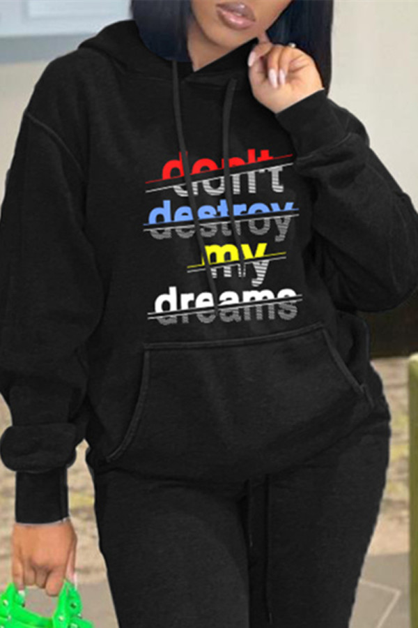 Black Fashion Casual Letter Print Basic Hooded Collar Tops