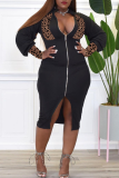 Black Sexy Leopard Patchwork Zipper Collar Pencil Skirt Dresses