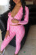 Pink Sexy Striped Print Patchwork Zipper Turndown Collar Long Sleeve Two Pieces