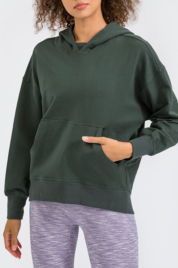 Ink Green Casual Solid Patchwork Pocket Hooded Collar Tops