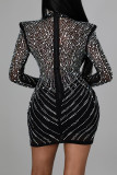 Red Fashion Sexy Hot Drilling Hollowed Out Turtleneck Long Sleeve Dresses