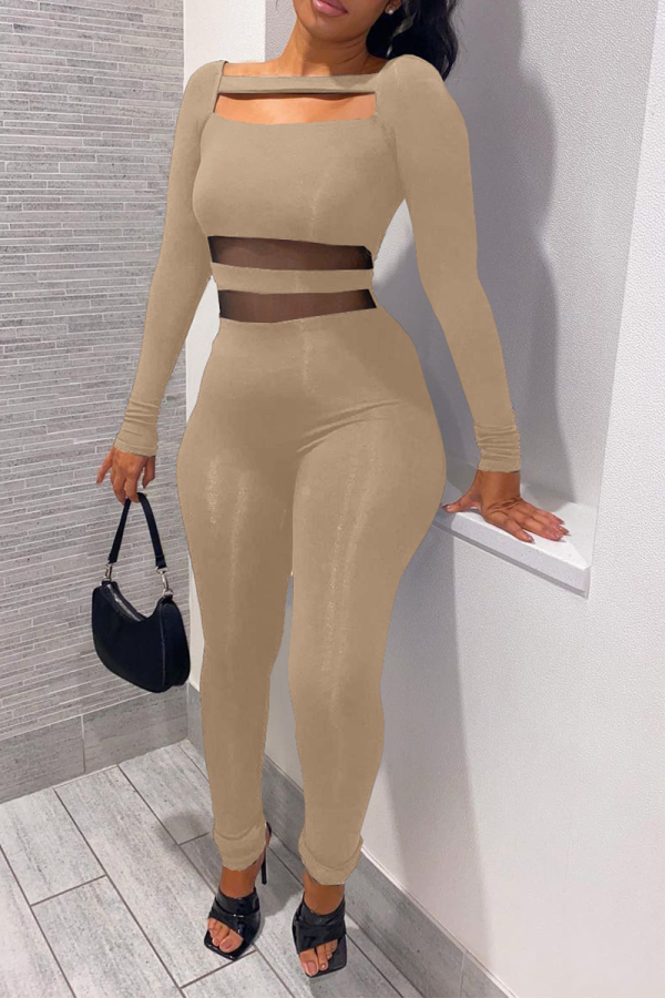Khaki Sexy Solid Mesh Square Collar Long Sleeve Two Pieces