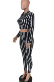Pink Sexy Striped Print Patchwork Zipper Turndown Collar Long Sleeve Two Pieces