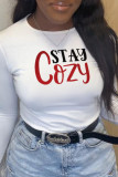 White Casual Simplicity Print Letter O Neck T-Shirts