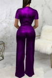 Purple Fashion Casual Solid Basic V Neck Regular Jumpsuits