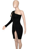 Black Fashion Sexy Solid Patchwork Backless Zipper Oblique Collar Long Sleeve Dresses