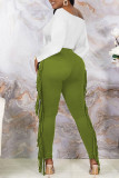 Green Casual Print Tassel Patchwork Oblique Collar Long Sleeve Two Pieces