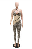 Apricot Fashion Sexy Patchwork Bandage Backless Halter Skinny Jumpsuits