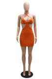 Coffee Sexy Solid Hollowed Out Backless Halter Sleeveless Dress