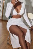 White Fashion Sexy Solid Slit Long Sleeve Two Pieces