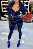 Pink Sexy Striped Print Patchwork Zipper Turndown Collar Long Sleeve Two Pieces