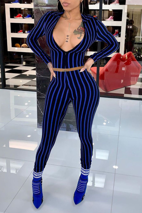Blue Sexy Striped Print Patchwork Zipper Turndown Collar Long Sleeve Two Pieces
