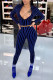 Blue Sexy Striped Print Patchwork Zipper Turndown Collar Long Sleeve Two Pieces