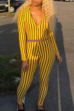 Pink Sexy Striped Print Patchwork Zipper Turndown Collar Long Sleeve Two Pieces