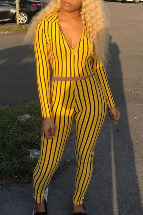 Yellow Sexy Striped Print Patchwork Zipper Turndown Collar Long Sleeve Two Pieces
