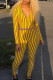 Yellow Sexy Striped Print Patchwork Zipper Turndown Collar Long Sleeve Two Pieces