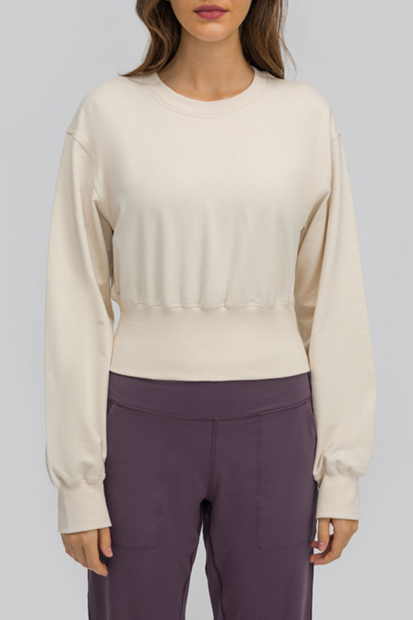 Cream White Casual Sportswear Solid Patchwork O Neck Tops