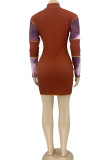 Brown Casual Print Patchwork O Neck Pencil Skirt Dresses
