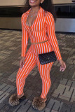 Pink Sexy Striped Print Patchwork Zipper Turndown Collar Long Sleeve Two Pieces