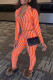Tangerine Red Sexy Striped Print Patchwork Zipper Turndown Collar Long Sleeve Two Pieces