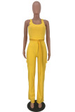 Yellow Fashion Asymmetrical bandage Solid Pocket zipper Sleeveless Slip Jumpsuits