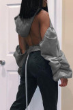 Red Street Solid Hollowed Out Patchwork Frenulum Backless Fold Asymmetrical Hooded Collar Outerwear
