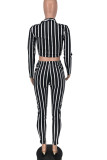 Pink Sexy Striped Print Patchwork Zipper Turndown Collar Long Sleeve Two Pieces