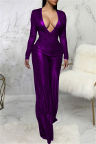 Purple Fashion Casual Solid Basic V Neck Regular Jumpsuits